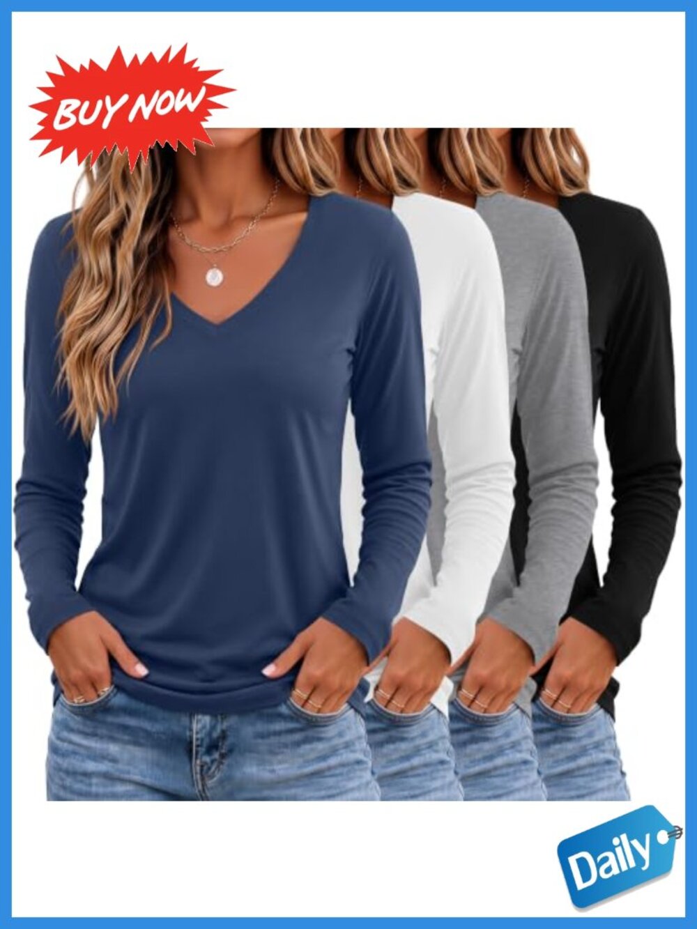 Long Sleeve V Neck T Shirts Set Loose Fit Soft Cotton Blend Women Tops